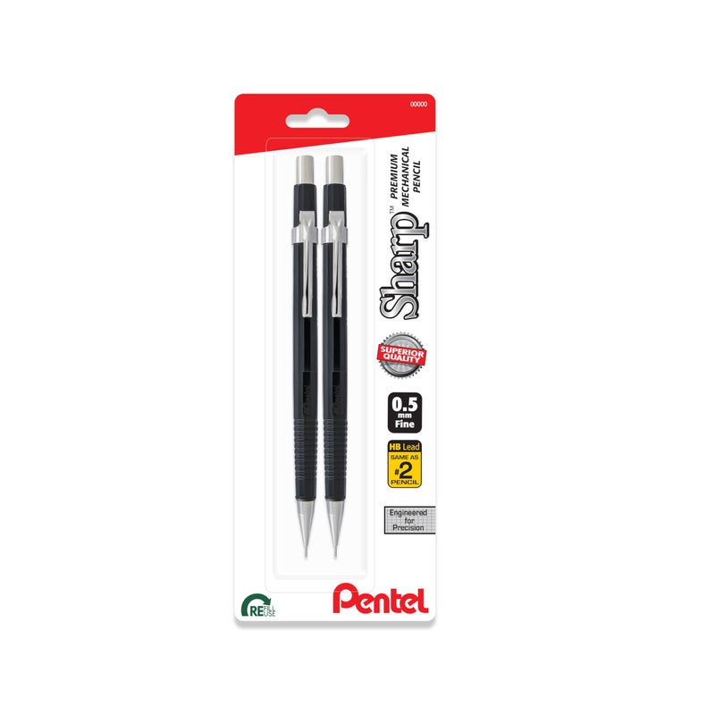 Pentel Sharp Mechanical Pencil (0.5mm), Fine Line, Black Barrel, Pack of 2 (P205BP2) - Image 1